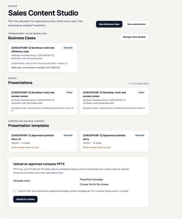 Oryntela Create Sales Content Studio showing synthetic business cases, presentations and approved templates