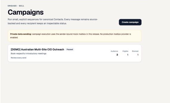 Oryntela Engage campaign screen showing a synthetic paused campaign and the explicit pre-launch mailbox boundary