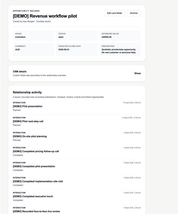 Oryntela opportunity workspace showing a synthetic opportunity record and relationship activity