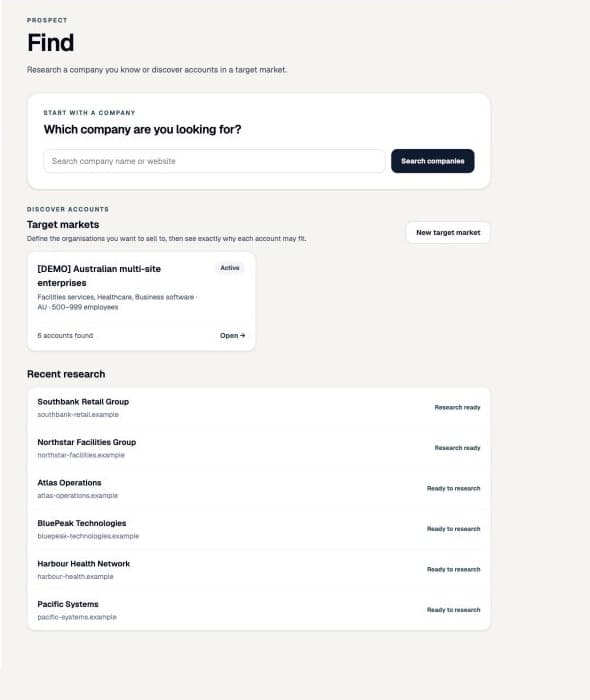 Oryntela Prospect Find showing a synthetic Australian target market and account research list